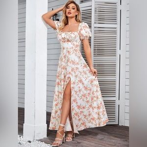 Pink/Orange floral and white flowy spring/summer time dress